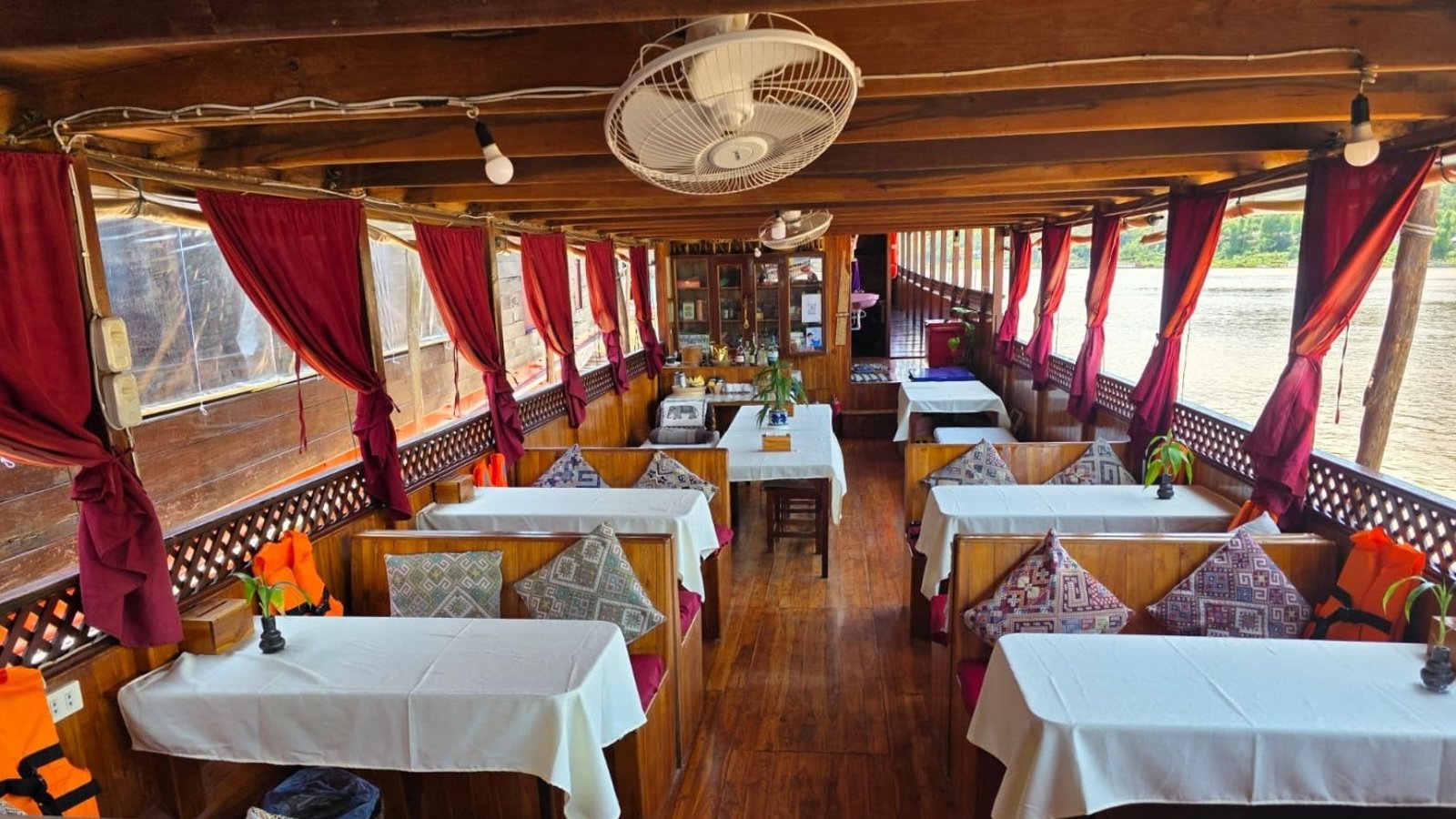 Mekong cruise boat interior dining area